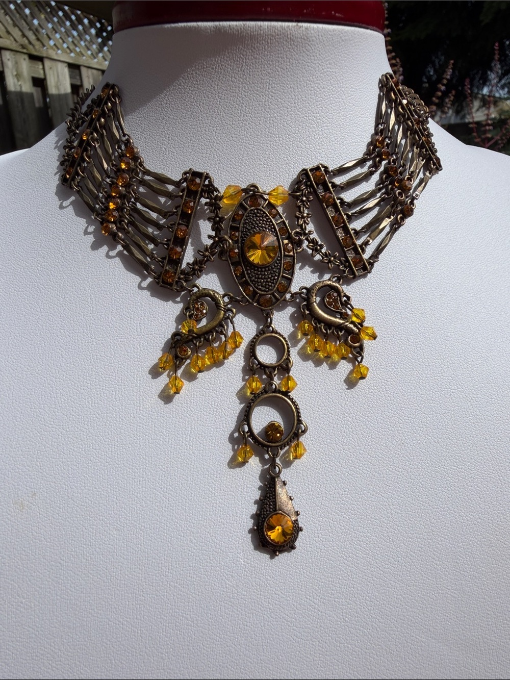 Vintage Amber‑Tone Filigree Statement Necklace – Adjustable Length – Ornate Boho